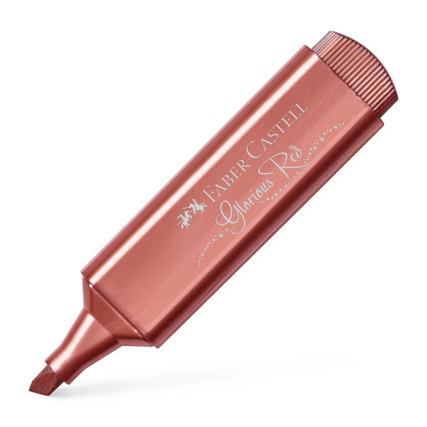 FABER-CASTELL Textmarker Metallic in der Farbe Glorious Red, Schrägansicht ohne Kappe.