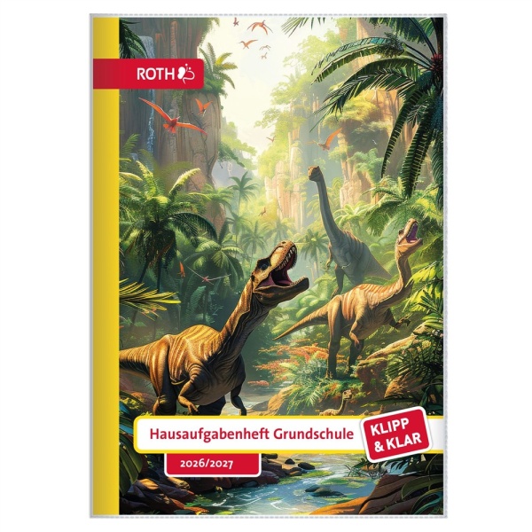 ROTH Hausaufgabenheft mit Dino Motiv, DIN A4 Format, Frontalansicht.