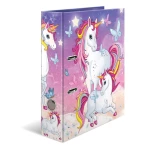 Breiter Herma Ordner mit Einhorn Motiv und Griffloch, stehend in seitlicher Ansicht.