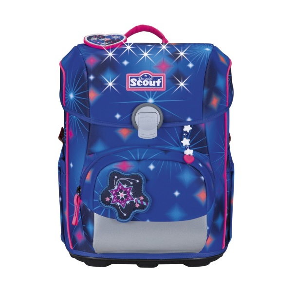 Scout Schulranzen Neo Sparkling Dream, Vorderansicht, dunkelblau/pink, mit Sterne-Motiv.