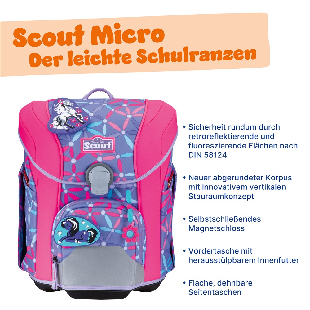Scout Schulranzen Micro Pony Love, Vorderansicht, flieder/pink, mit sichtbaren Spezifikationen.