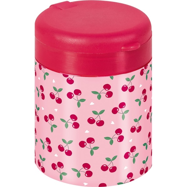 Brunnen Doppelspitzdose Fruity Love in der Farbe pink/rosa, Seitenansicht geschlossener Deckel.