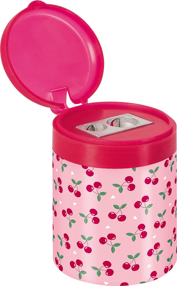 Brunnen Doppelspitzdose Fruity Love in der Farbe pink/rosa, Seitenansicht geöffneter Deckel.