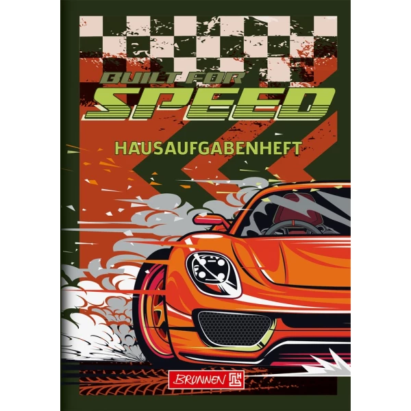 BRUNNEN Hausaufgabenheft "Fast Wheel", dunkelgrünes Cover mit orangem Rennwagen, Zielflagge und Speed-Schriftzug.