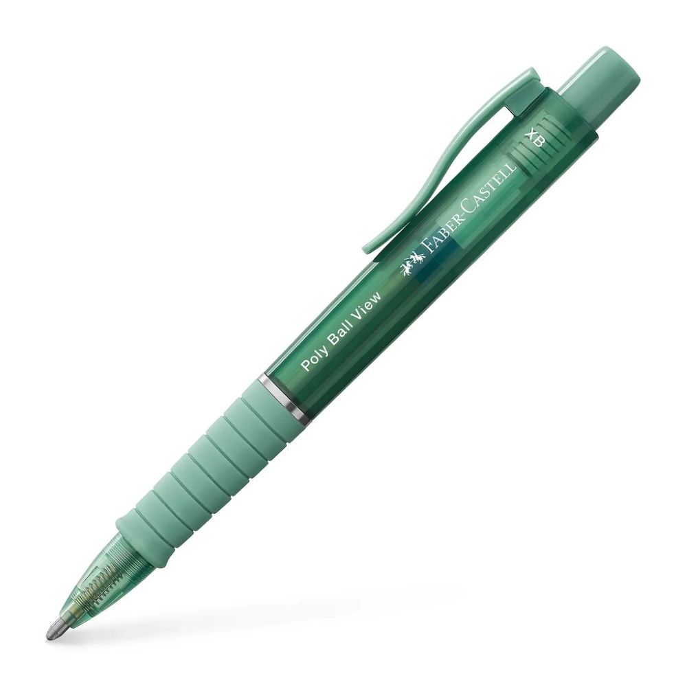 FABER-CASTELL Poly Ball View Kugelschreiber in der Farbe green lily, Schrägansicht mit ausgefahrener Mine.