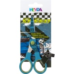 HEYDA Kinderschere Rund Fast Wheels in den Farben blau/grün in Verpackung, Frontalansicht.