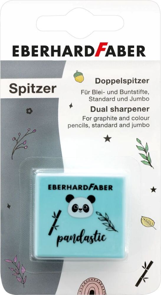 Eberhard Faber Doppelspitzdose Panda in der Farbe hellblau, Frontalansicht in Verpackung.