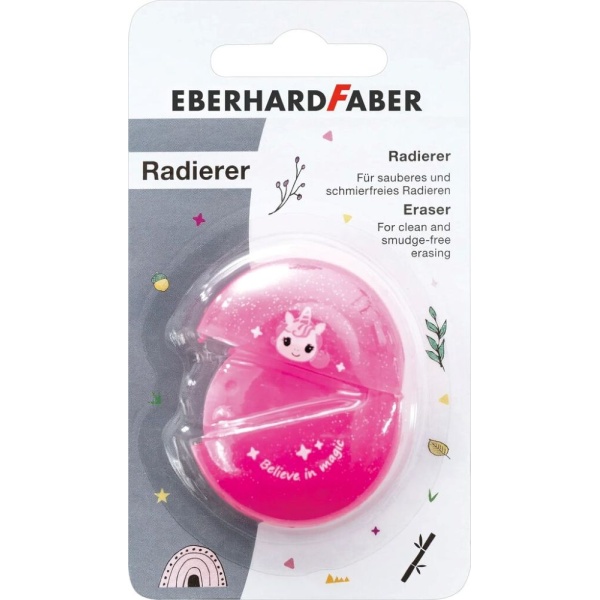 Eberhard Faber Radiergummi Einhorn in der Farbe pink, Frontalansicht in Verpackung.