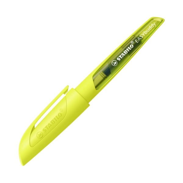 STABILO EASYbuddy Schulfüller für Rechtshänder in der Farbe NEON gelb, Schrägansicht mit geschlossener Kappe.