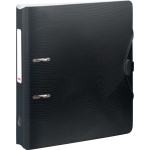 BRUNNEN Ordner Wave A4 schwarz mit schmalem Rücken, Hebelmechanik, Gummizug und Beschriftungsfeld, Seitenansicht.