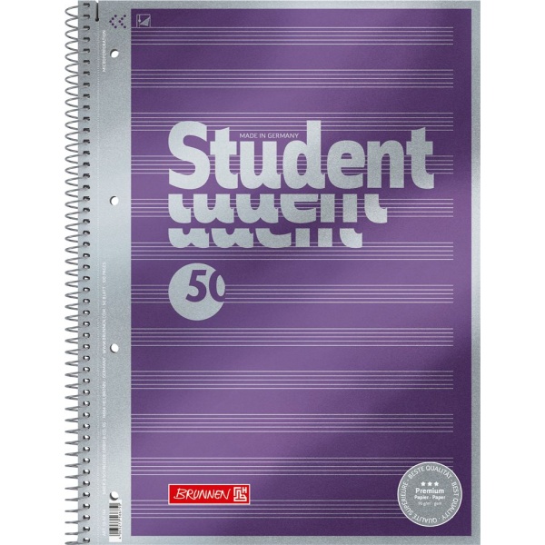 Ein Notenblock Lineatur 14 mit 80 Blatt im DIN A4-Format mit violettem Cover und Spiralbindung links von der Marke Brunnen.