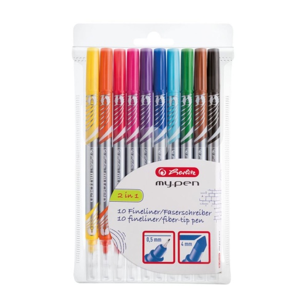 Herlitz my.pen in 10 verschiedenen Farben in Verpackung, Frontalansicht.