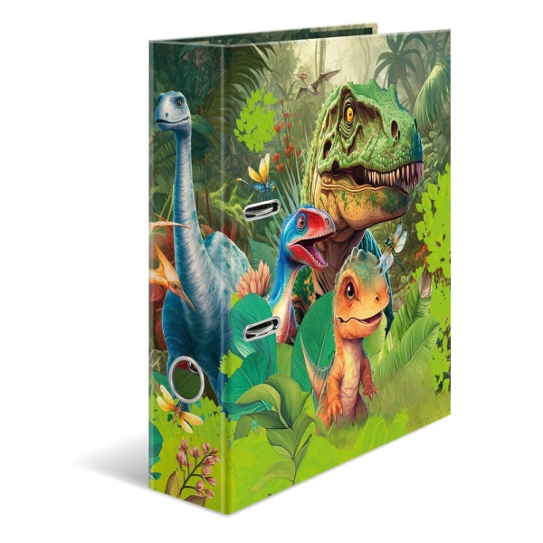 Breiter Herma Ordner mit Dino Motiv und Griffloch, stehend in seitlicher Ansicht.