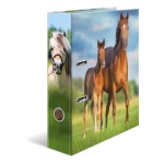 Breiter Herma Ordner mit Pferde Motiv und Griffloch, stehend in seitlicher Ansicht.