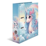 Breiter Herma Ordner mit Happy Unicorns Motiv und Griffloch, stehend in seitlicher Ansicht.