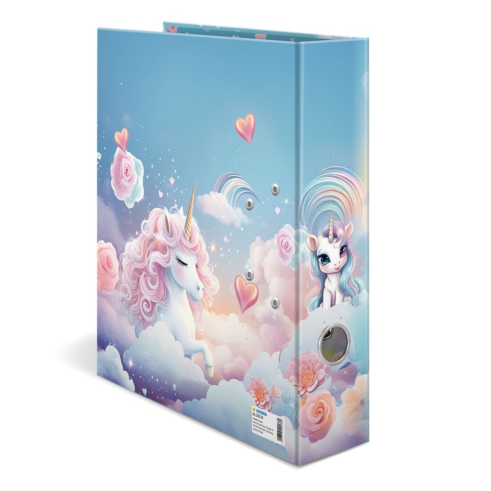 Breiter Herma Ordner mit Happy Unicorns Motiv und Griffloch, Rückseite, stehend in seitlicher Ansicht..