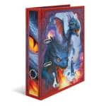 Breiter Herma Ordner mit Drachen Motiv und Griffloch, stehend in seitlicher Ansicht.