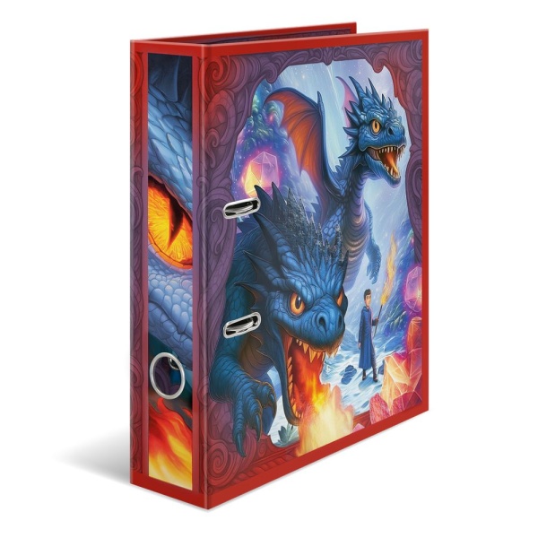 Breiter Herma Ordner mit Drachen Motiv und Griffloch, stehend in seitlicher Ansicht.