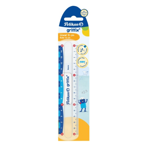 Pelikan Lineal griffix, 15cm lang für Link- und Rechtshänder, Frontalansicht in Verpackung.