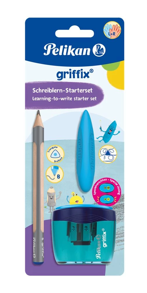 Pelikan Schreiblernset griffix mit Bleistift Jumbo, Radiergummi und Doppelspitzdose in Verpackung, Frontalansicht.