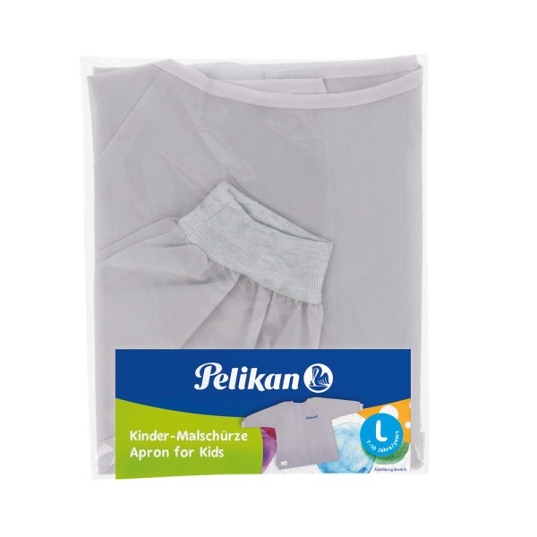 Pelikan Malkittel in der Farbe grau, Einheitsgröße in Verpackung, Frontalansicht.