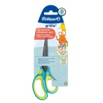 Pelikan Griffix Kinderschere Spitz für Rechtshänder in der Farbe Neon Fresh Blue, Frontalansicht in Verpackung.