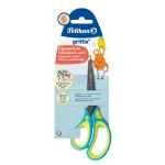 Pelikan Griffix Kinderschere Spitz für Linkshänder in der Farbe Neon Fresh Blue, Frontalansicht in Verpackung.