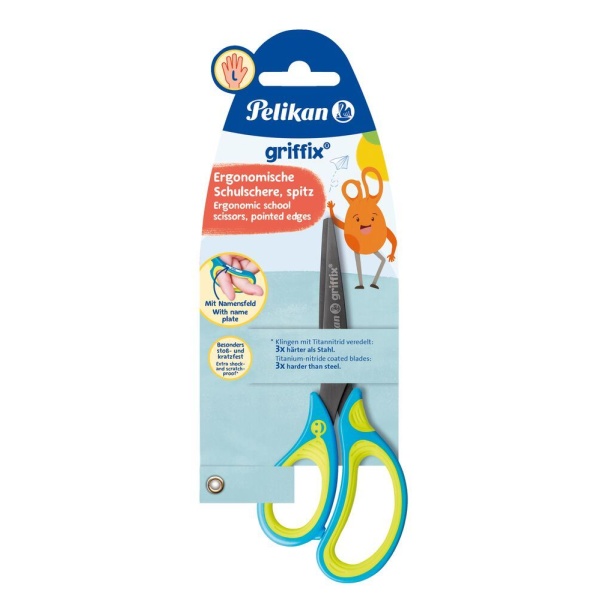 Pelikan Griffix Kinderschere Spitz für Linkshänder in der Farbe Neon Fresh Blue, Frontalansicht in Verpackung.