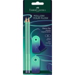 Faber-Castell Schreibset in buzzing blue mit zwei Graphitbleistiften, Radiergummi und Spitzer in Verpackung.