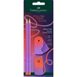 Faber-Castell Schreibset in punchy melon mit zwei Graphitbleistiften, Radiergummi und Spitzer in Verpackung.