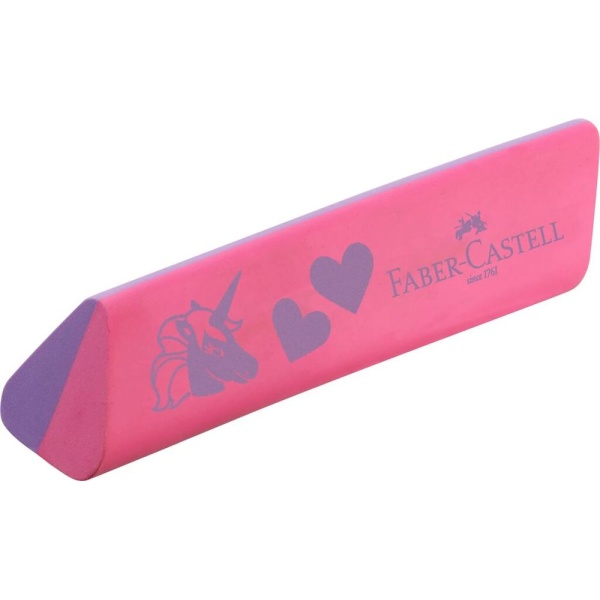 Faber-Castell Radiergummi Dust-Free in Stiftform PVC Frei mit Einhorn Motiv, Schrägansicht.