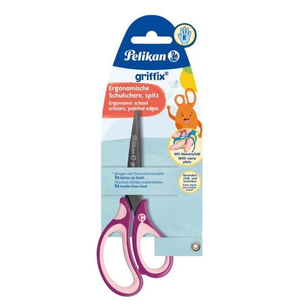 Pelikan Griffix Kinderschere Spitz für Rechtshänder in der Farbe Sweet Berry, Frontalansicht in Verpackung.