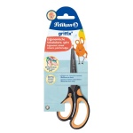 Pelikan Griffix Kinderschere Spitz für Linkshänder in der Farbe Neon Black, Frontalansicht in Verpackung.
