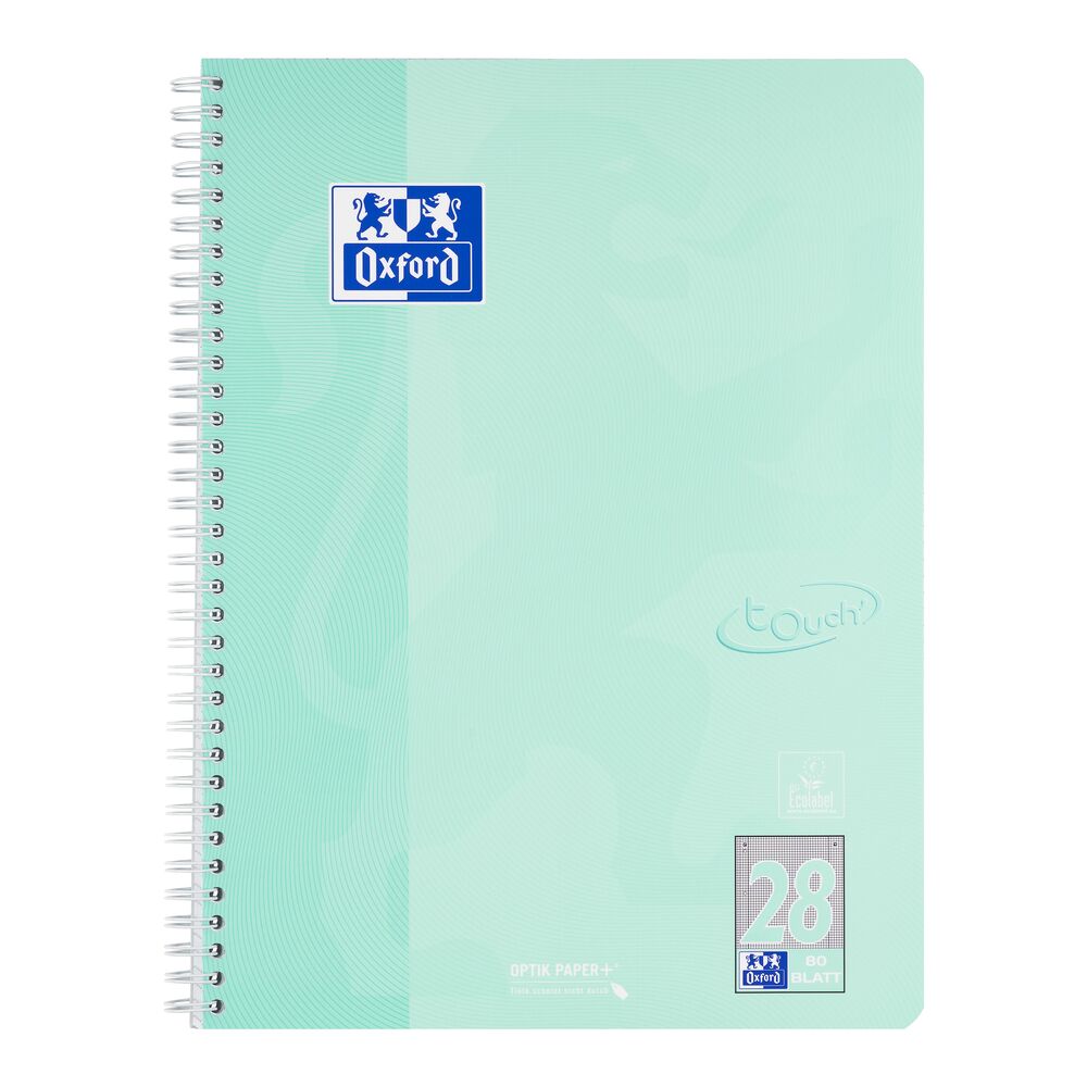 Ein Collegeblock Lineatur 28 im DIN A4-Format, Cover in mint und Spiralbindung links von Oxford.