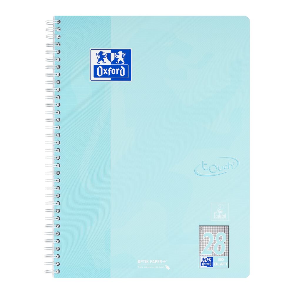 Ein Collegeblock Lineatur 28 im DIN A4-Format, Cover in pastellblau und Spiralbindung links von Oxford.