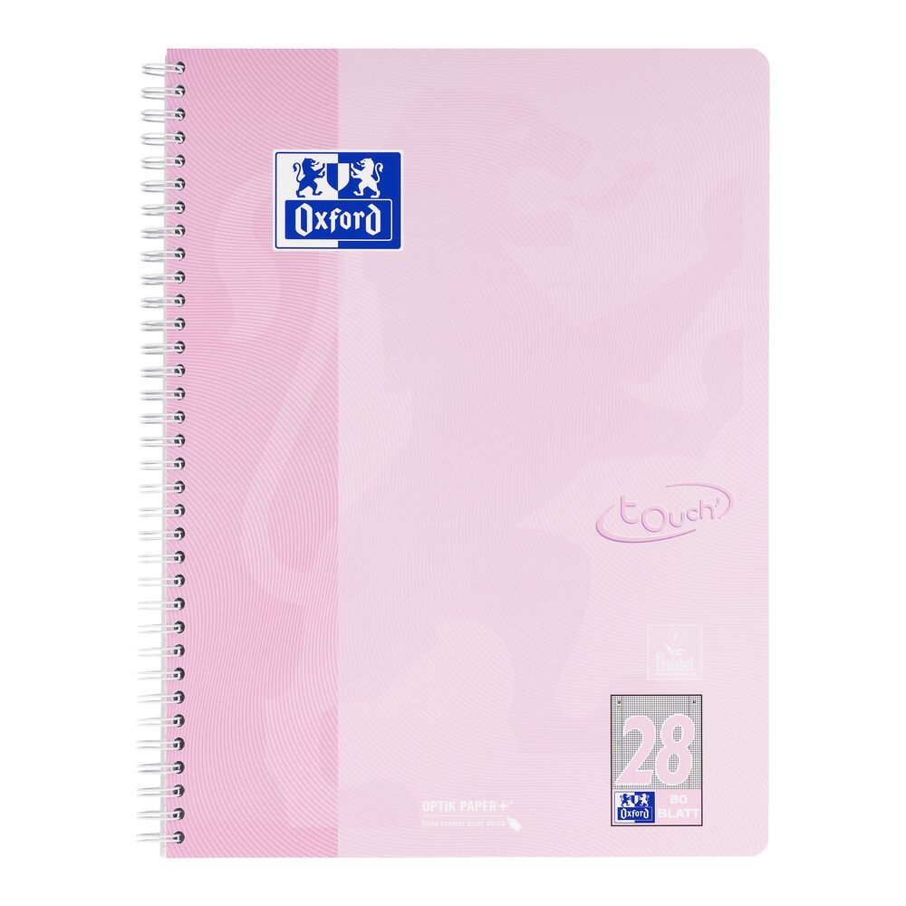 Ein Collegeblock Lineatur 28 im DIN A4-Format, Cover in pastellrosa und Spiralbindung links von Oxford.