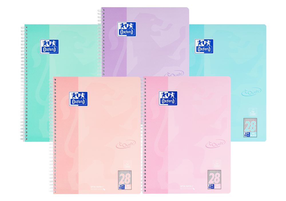 Touch Collegeblock im DIN A4 Format von Oxford, Lineatur 28, in 5 verschiedenen Pastellfarben.