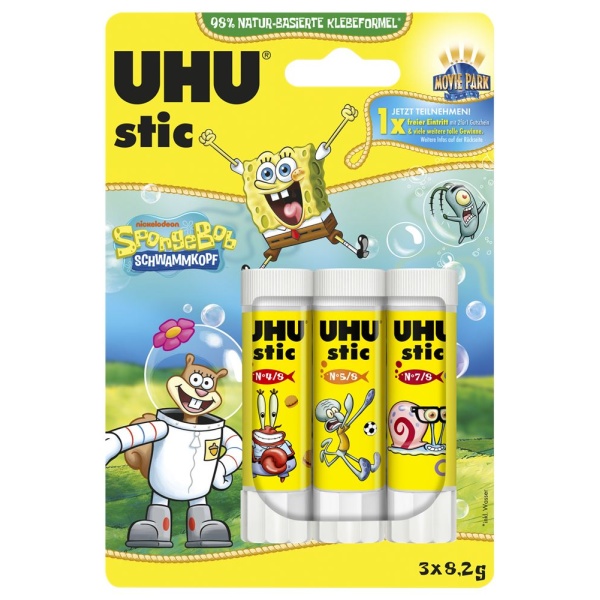 UHU Klebestift 3x 8,2g Spongebob Lösungsmittelfrei in Verpackung, Fronalansicht.