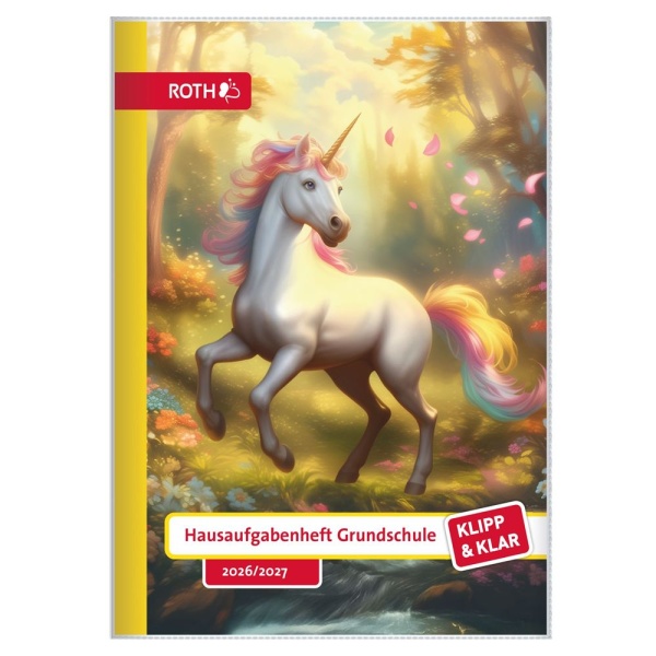 ROTH Hausaufgabenheft mit Einhorntraum Motiv, DIN A4 Format, Frontalansicht.