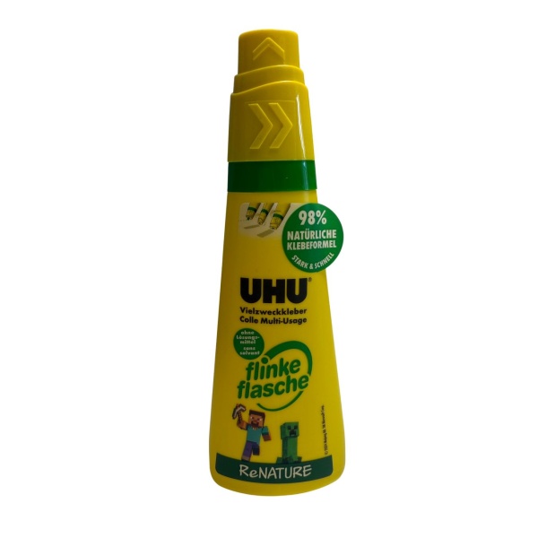 Uhu Vielzweckkleber Flinke Flasche ReNATURE Minecraft Edition Lösungsmittelfrei 100g in Tube, Frontalansicht.