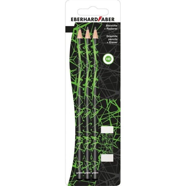 EBERHARD FABER 3er Pack Bleistifte mit Radiergummi in den Farben Grün und Schwarz in Verpackung, Frontalansicht.