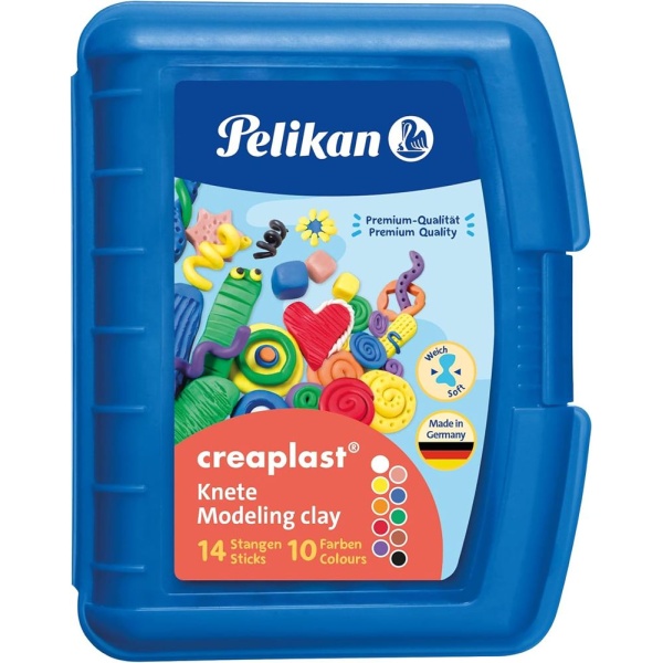 Pelikan Knete Creaplast in 14 Farben in geschlossener Box, Frontalansicht.